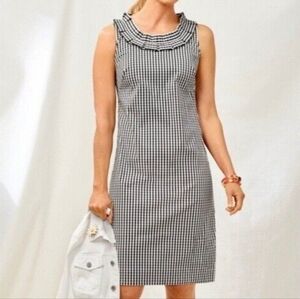 Talbots Gingham Ruffle Neck Shift Dress sz 10 Blue White Nautical USA Coastal